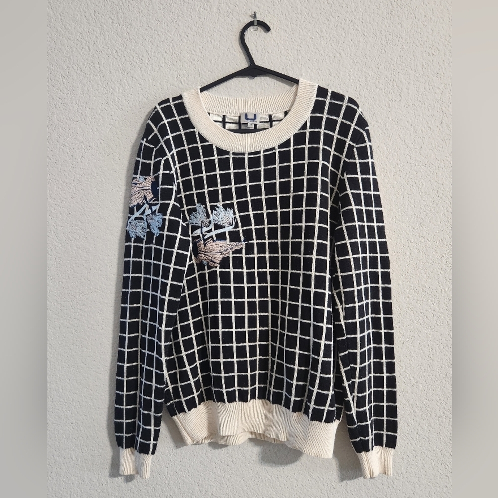 Adolfo Dominguez Women’s Black/Ivory checkered sweater embroidered size medium